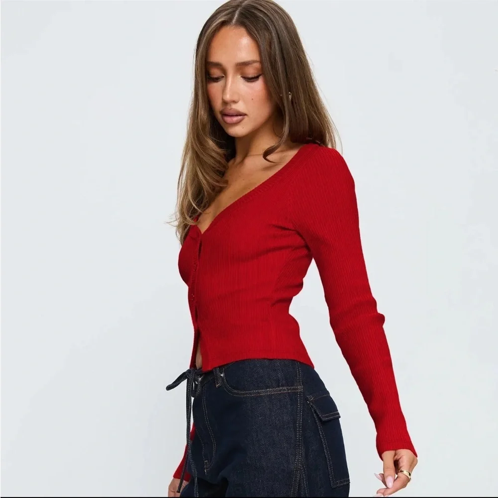 Red Ribbed Button-Up Cardigan - Picture 3 of 4